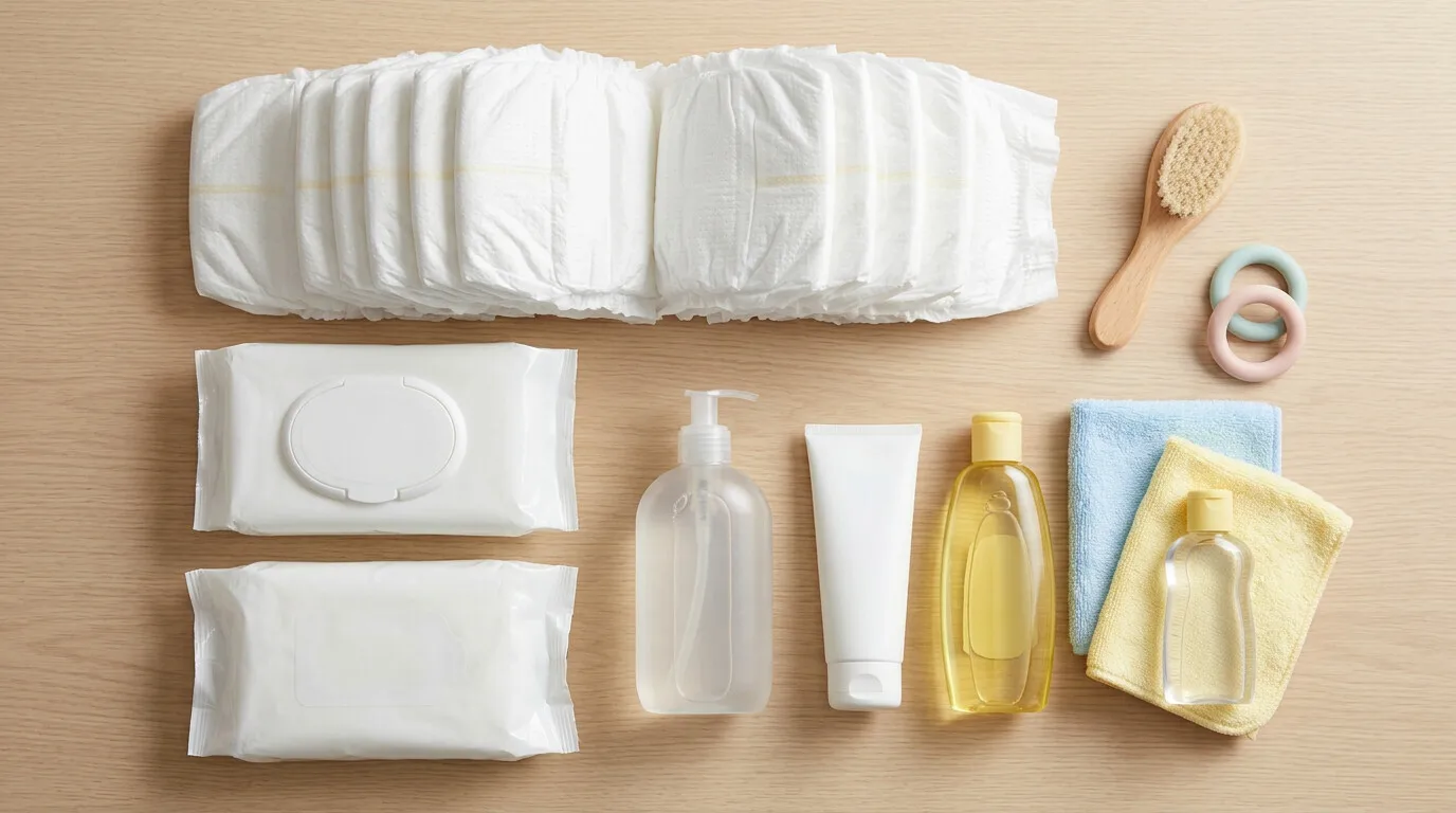 A diaper with accessories reflects private label baby care products offered by Tradis Inc. in the U.S.