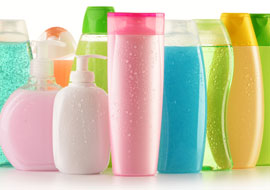 a variety of colored shampoo bottles demonstrates the rich color palette and compact design effectively.