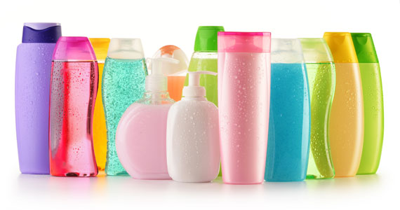 a variety of colored shampoo bottles demonstrates the rich color palette and compact design effectively.